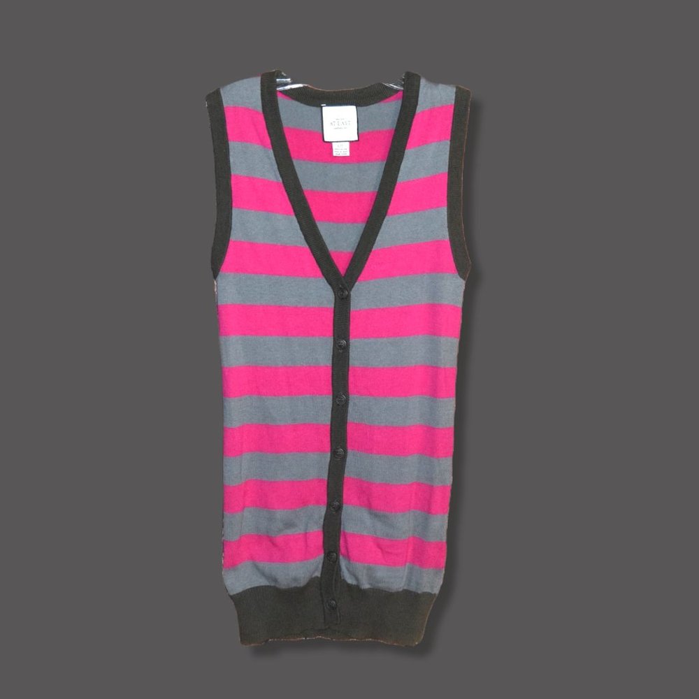 AT LAST Sz S Striped button front TUNIC Length CARDIGAN SWEATER VEST